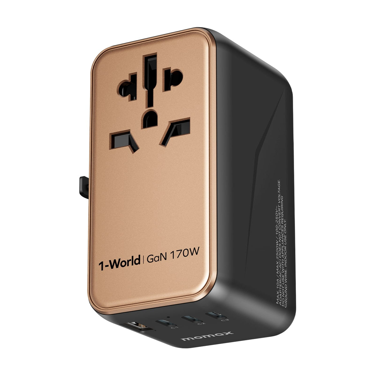 Momax - 170W GaN Universal Travel Adapter Worldwide, 3 USB-C PD & 1 USB-A QC International Power Adapter for Laptop - Black