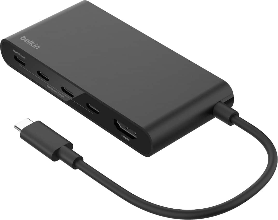 Belkin - 5-Port Hub w/ 4K HDMI, 7.8 inch tethered USB-C cable, 100W Power Delivery for MacBook, iPad Pro, Chromebook & More - Black