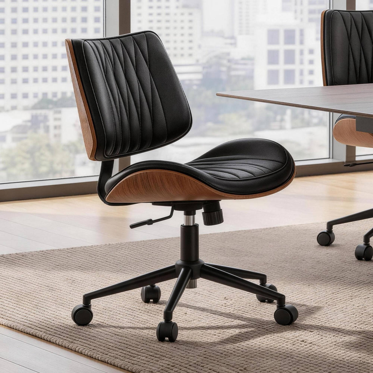 KERDOM - Mid-century Walnut Home Office Chair, PU Leather Swivel Tilt Armless Mid Back Computer Chair for Reading Meeting Room - Black