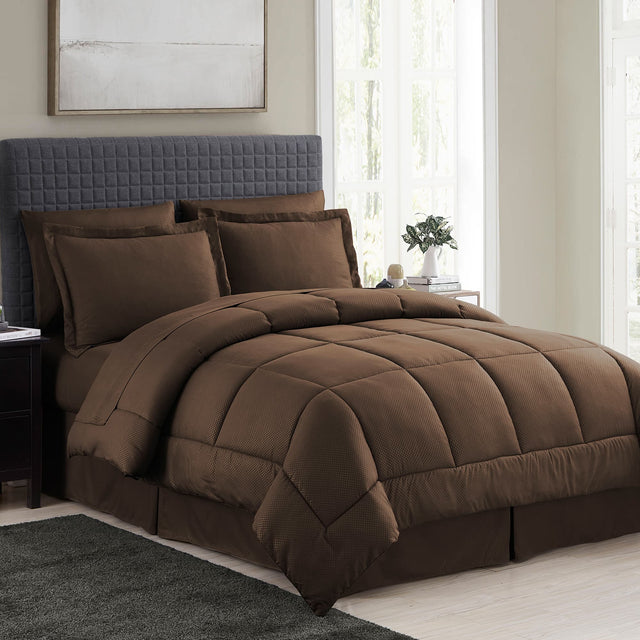 Front. Sweet Home Collection - 8 Piece Embossed Checkered Bed in a Bag All Season Complete Set with Sheets - Queen - Chocolate.