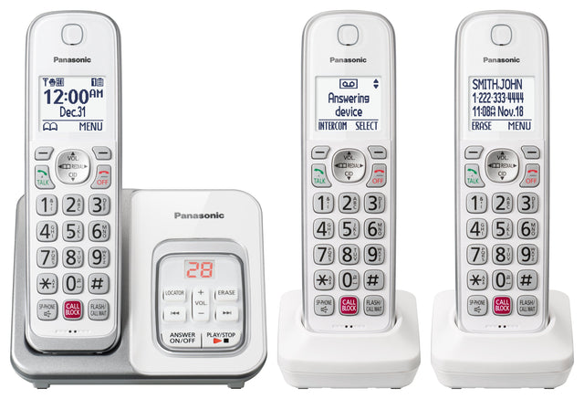 Panasonic Panasonic Panasonic El 1 12:00 AM Dec.31 MENU Answering device INTERCOM SELECT SMITH.JOHN 1-222-333-4444 11:08A Nov. 18 ERASE MENU TALK 1 4 GHI 7 PORS * A SP-PHONE A - VOL REDIAL CID OFF 2 ABC 3 OEF 5 JKL 6 MNO 8 TUV 9 WXYZ 0 1R # CALL FLASH/ BLOCK CALL WAIT