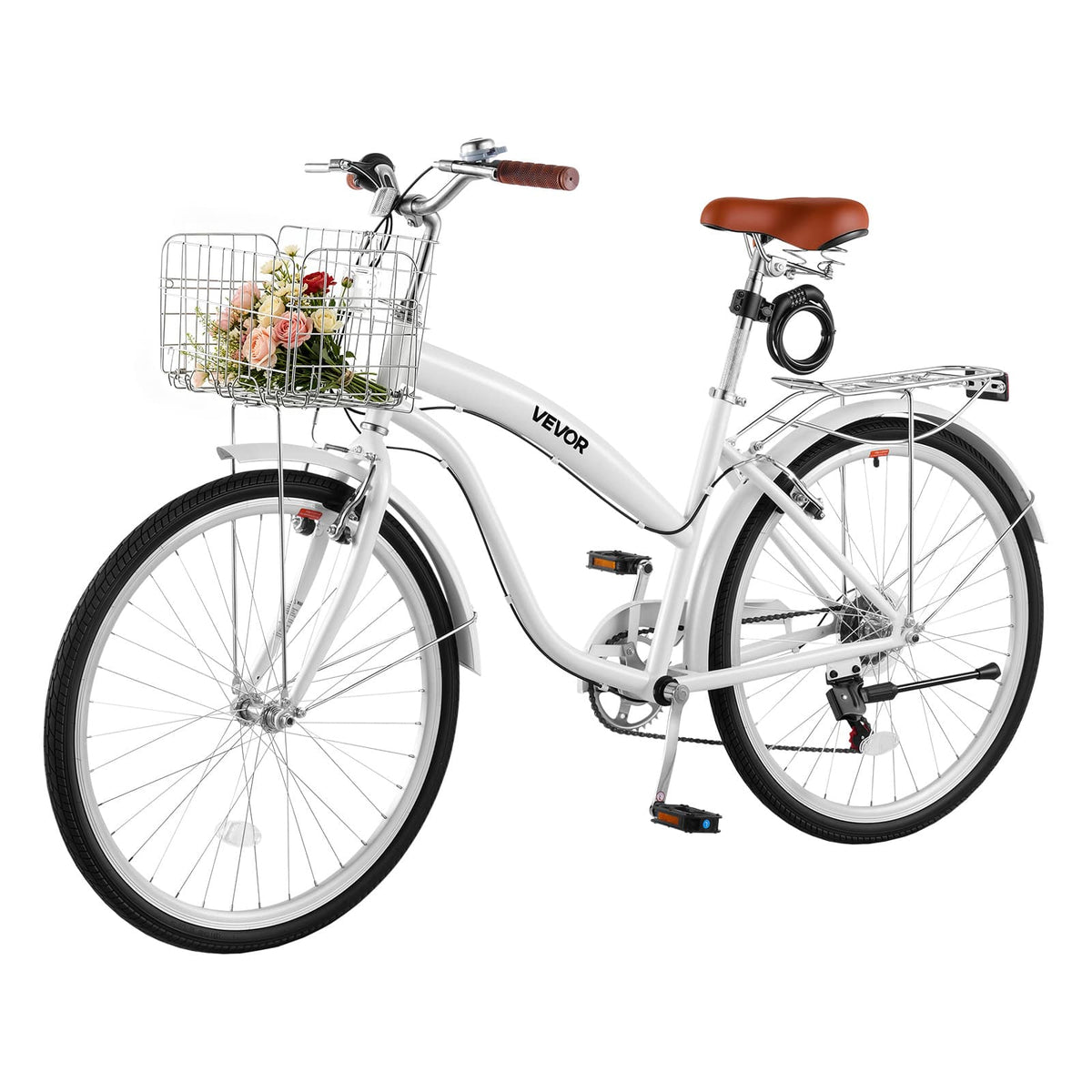 VEVOR - Women Bike, 26 in Beach Cruiser Bike, 7-Speed Adult City Bicycle with Carbon Steel Frame, 330 lbs Capacity, Basket - White