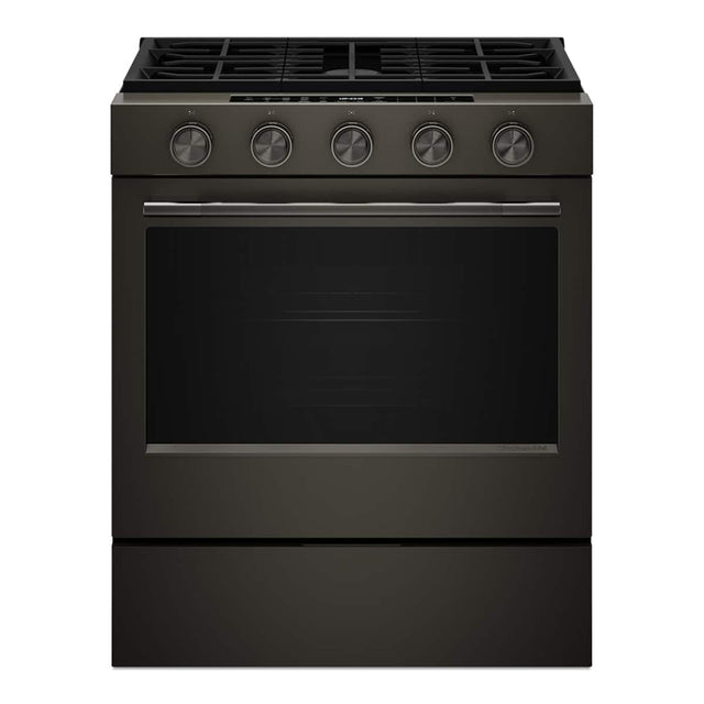 Front. KitchenAid - 30 in. Wide 5 burners 5.0 cu. ft. Slide-In Gas Range with Convection Cooking Modes and 2-in-1 Burner - Black Ore.