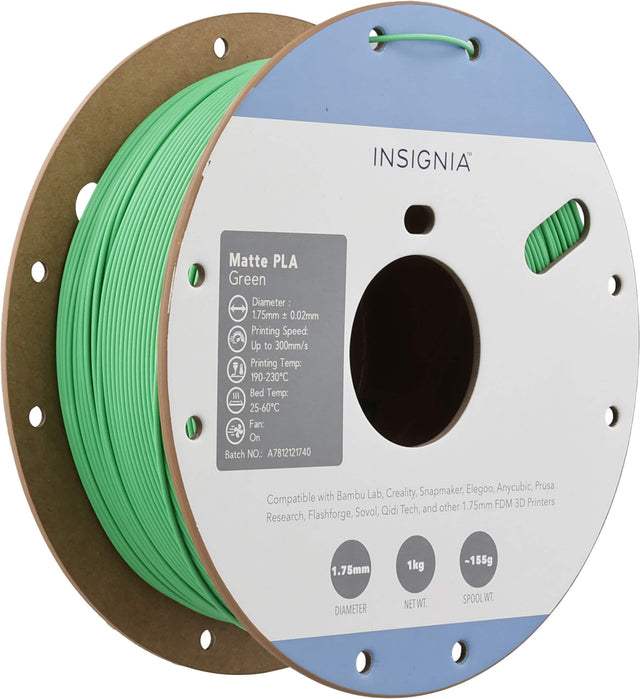 INSIGNIA Matte PLA Green  
Diameter: 1.75mm ± 0.02mm  
Printing Speed: Up to 300mm/s  
Printing Temp: 190-230°C  
Bed Temp: 25-60°C  
Fan: On  
Batch NO.: A7812121740  

Compatible with Bambu Lab, Creality, Snapmaker, Elegoo, Anycubic, Prusa, Research, Flashforge, Sovol, Qidi Tech, and other 1.75mm FDM 3D Printers  

1.75mm  
1kg  
~155g  

DIAMETER  
NET WT.  
SPOOL WT.
