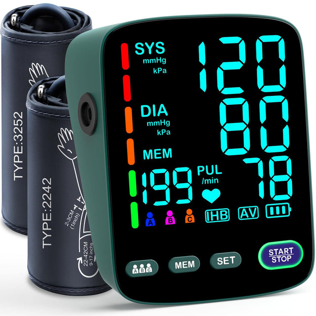 TYPE:3252  
TYPE:2242  
T 2-3CM (1 inch)  
22-42CM  
9-17 SYS mmHg 120 kPa  
DIA mmHg 80 kPa  
PUL /min 78  
MEM  
IHB  
AV  
START SET STOP  
A B C