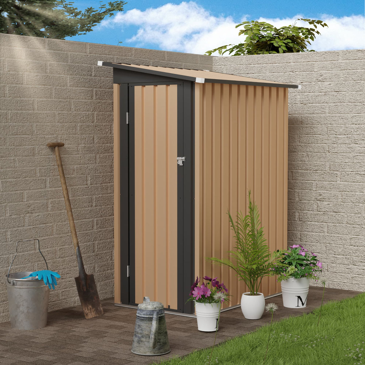 Anysun - 4.27 FT x 2.42 FT Metal Garden Shed – 5 x 3 FT Pent Roof with Side Hinge Door, Galvanized Steel Outdoor Storage - Black+Brown