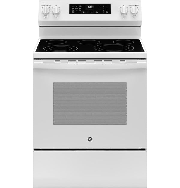 GE - 30 in. Wide 5 Elements 5.3 Cu. Ft. Freestanding Electric Convection Range with Steam Cleaning and EasyWash Tray - White