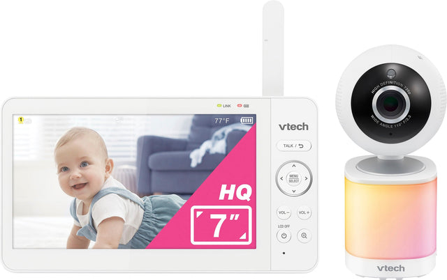 The image features a Vtech 7" LCD screen with a baby on it. The screen is placed next to a Vtech camera, which is designed to capture high-quality video and audio. The camera is equipped with a wide-angle lens, allowing for a broader field of view. The device also has a built-in microphone and speaker, enabling clear communication and playback of audio. The Vtech camera is designed to be compatible with the 7" screen, providing a seamless and convenient setup for users.