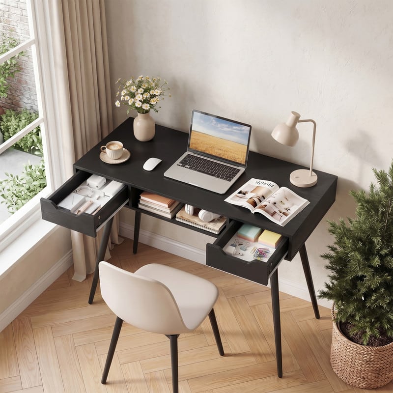 WELLFOR - 42.5 " Small Computer Desk with Drawers, Modern PC Laptop Table Computer Study Writing Workstation for Small Spaces - Black