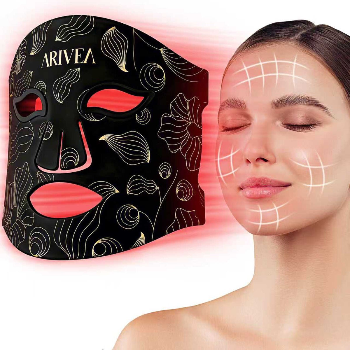 Arivea - Wireless Red Light Therapy Mask for Face, Rechargeable NIR LED, Home & Travel - Black