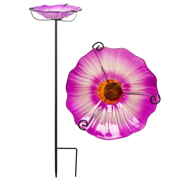 Front. G128 - 29 Inch Glass Bird Bath with Metal Stake, Decorative Flower Design Outdoor Feeder - pink.
