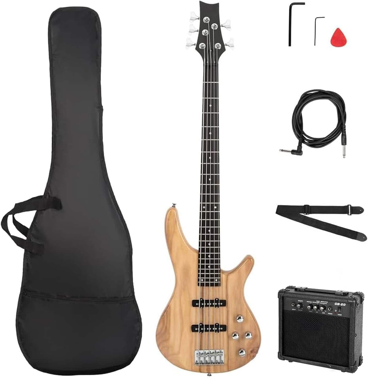 Winado - Electric KIB Bass Guitar 5 String Bass Guitar Kit Full Equipment with 20 Watt Amplifier for Beginner - wood