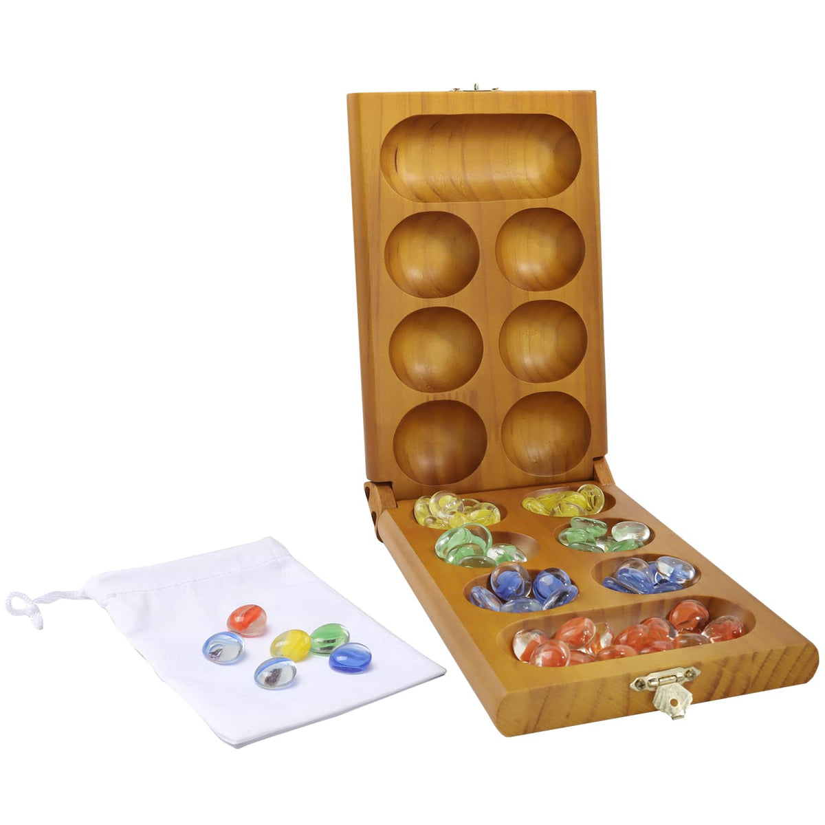 GSE Games & Sports Expert - Folding Wooden Mancala Board Game with Multi-Color Glass Stones and Storage Bag, Travel Game - Oak