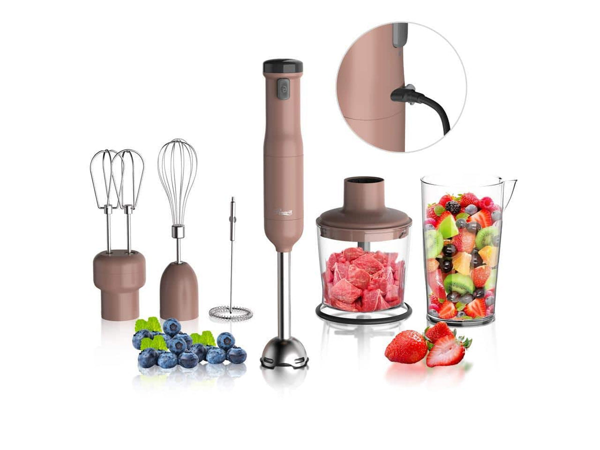 Rosewill - 6-in-1 Cordless Rechargeable Hand Blender, Heavy Duty - Stick, Beaker, Whisk, Chopper, Beater, Frother - Mocha