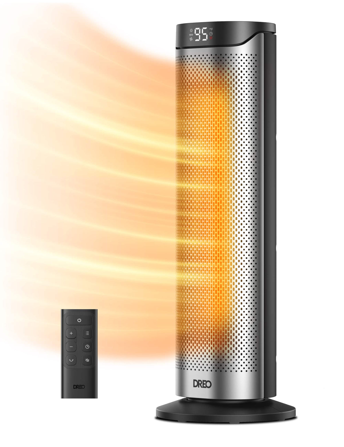 DREO - 23 in. Portable Indoor Ceramic Convection Electric Space Heater, 70° Osc w/Remote, 3-Heat Levels in Silver
