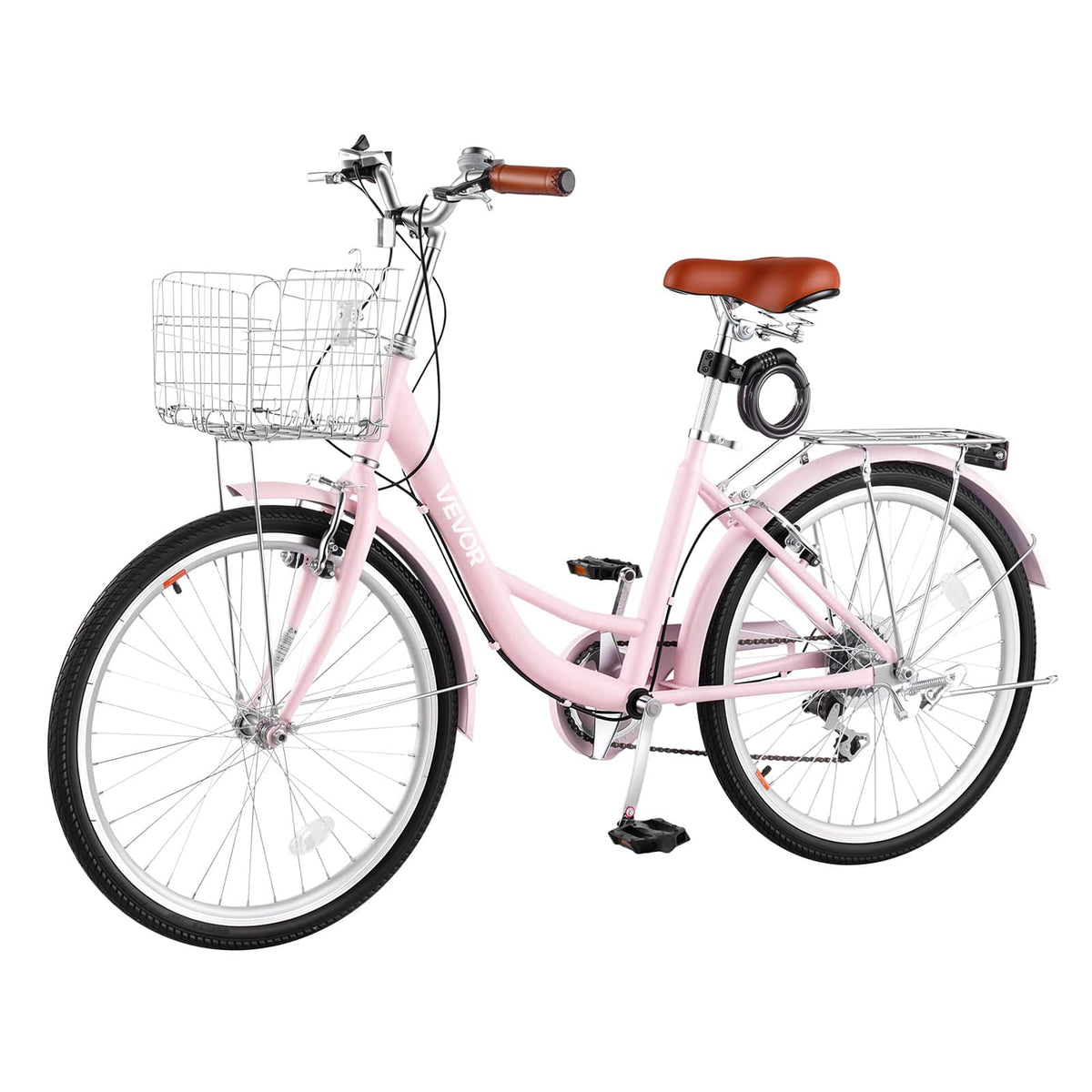 VEVOR - Women Bike, 24 in Beach Cruiser Bike, 7-Speed Adult City Bicycle with Carbon Steel Frame, 330 lbs Capacity, Basket - Pink