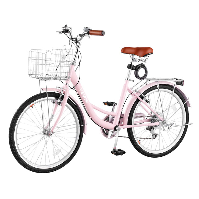 Front. VEVOR - Women Bike, 24 in Beach Cruiser Bike, 7-Speed Adult City Bicycle with Carbon Steel Frame, 330 lbs Capacity, Basket - Pink.