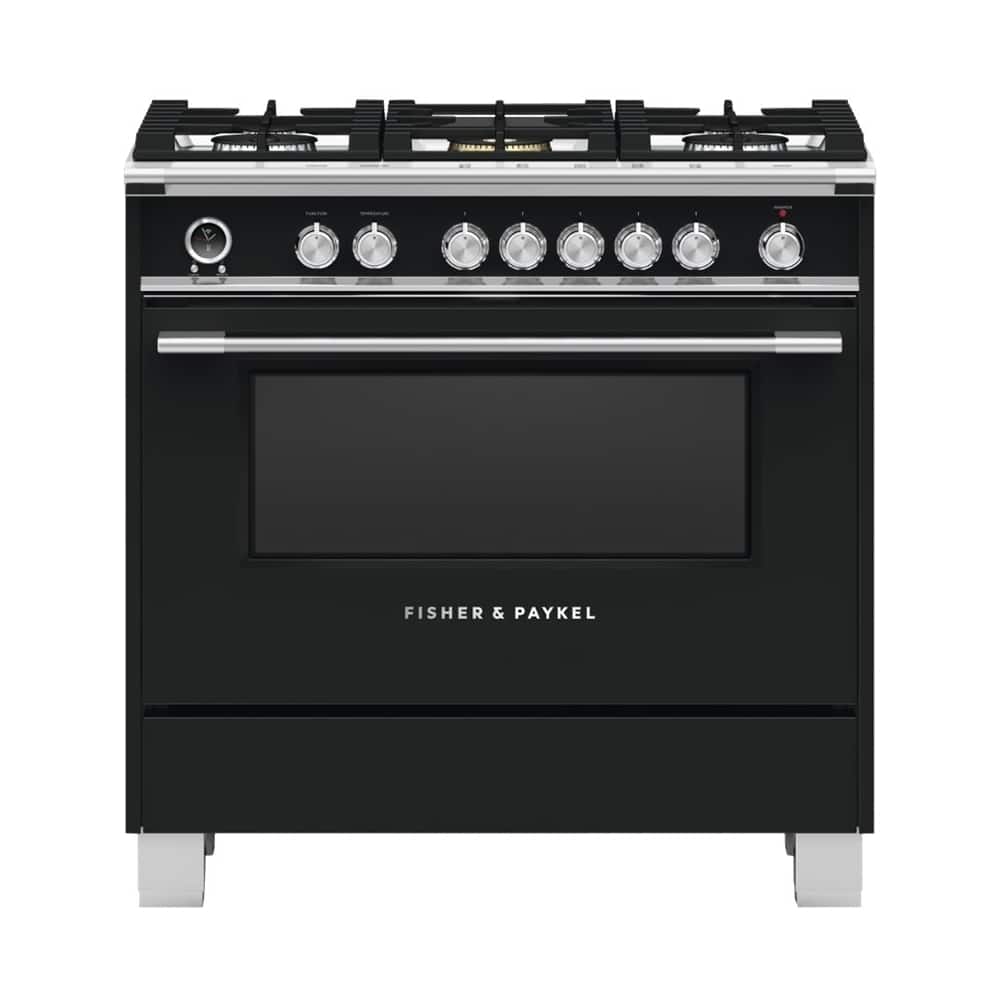 Fisher & Paykel - 36 in. Wide 5 Burner 4.9 Cu. Ft. Self-Cleaning Freestanding Dual Fuel Convection Range - Stainless Steel/Black Glass
