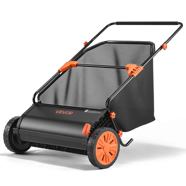 Front. VEVOR - Push Lawn Sweeper, 26 in Leaf & Grass Collector with 7 cu. ft. Hopper Bag, Adjustable Brush Height & Spinning Brushes - Black.