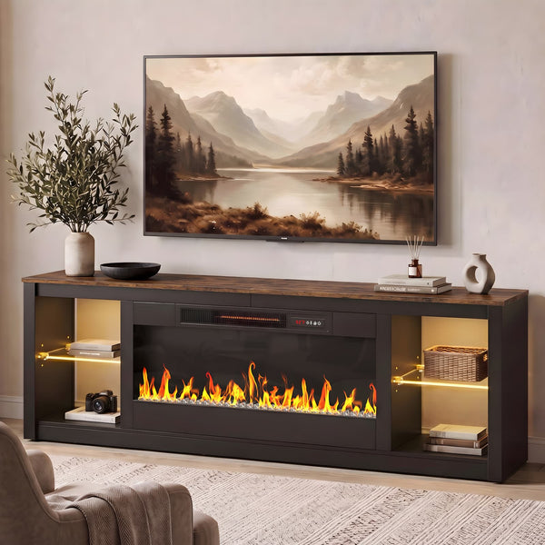 Bestier - 70" Marble Top Electric Fireplace TV Stand with 36" Insert, LED Gaming Media Console with Glass Shelves for Living Room - Rustic Brown