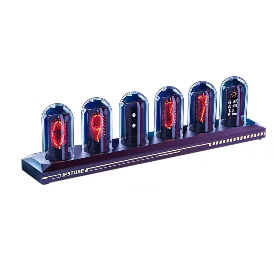 Topteng - Nixie Tube Clock with Weather Station - Wi-Fi Sync,RGB Light,Aluminum Body,Displays Temp/Humidity/Rainfall,Desk ornament - Multi-color