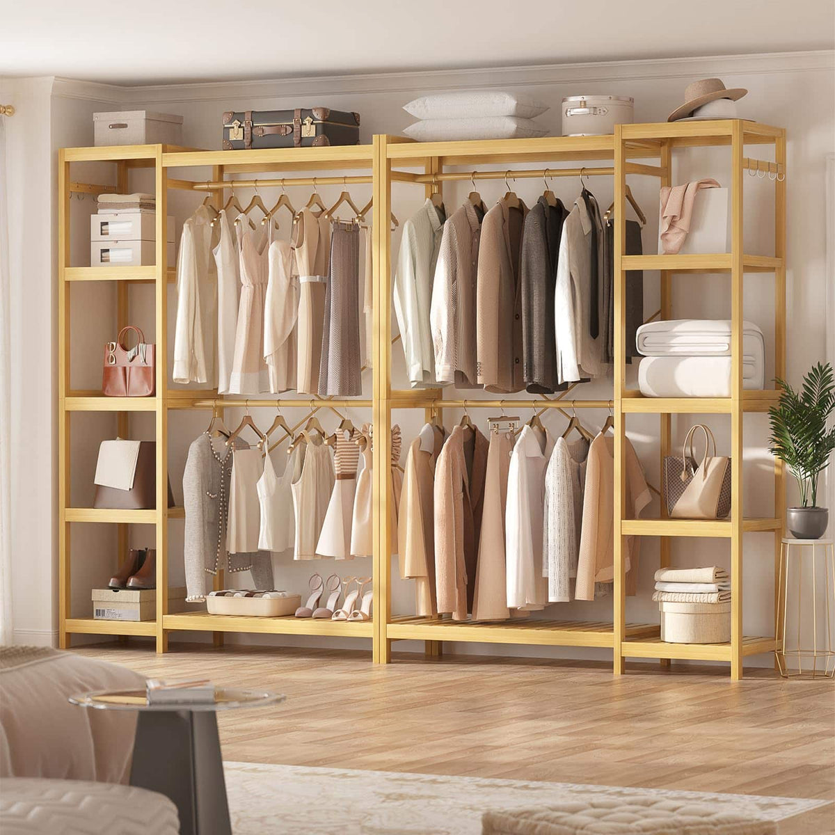 Aheaplus - 2-Piece Bamboo Closet System, Freestanding Garment Rack with Adjustable Shelves & Hooks - Natural