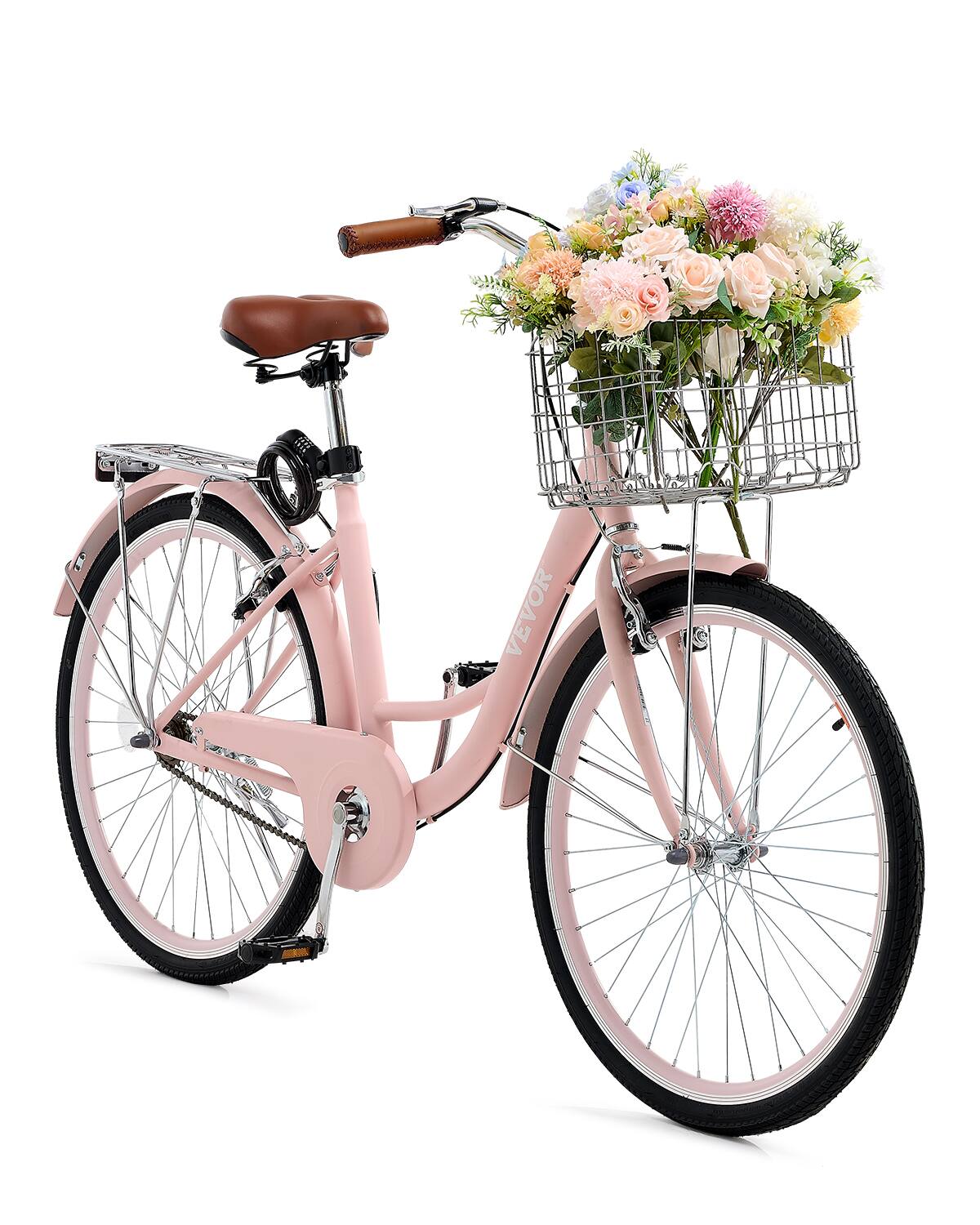 VEVOR - Cruiser Bike, 1-Speed, 26-Inch Beach Cruiser Bike with Large Capacity Basket and Rear Rack - Pink