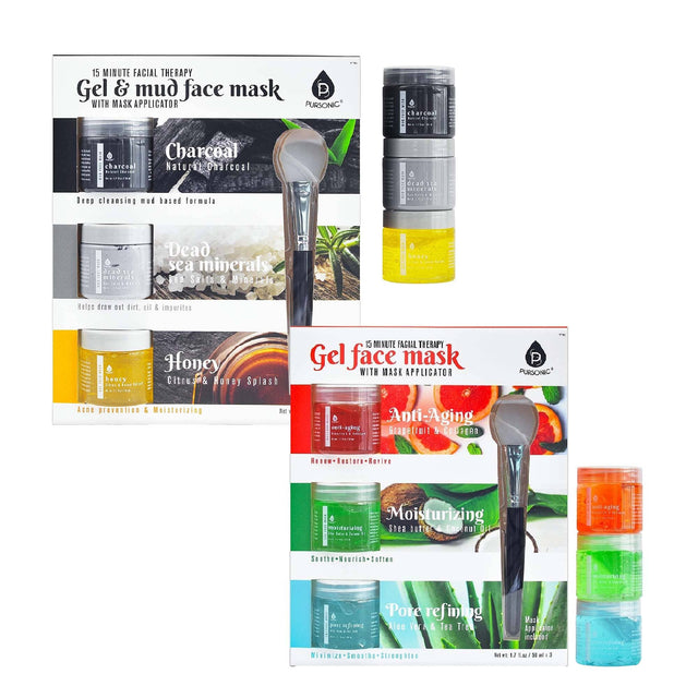 15 MINUTE FACIAL THERAPY  
Gel & mud face mask  
WITH MASK APPLICATOR  

Charcoal  
Natural Charcoal  
Deep cleansing mud based formula  

Dead sea minerals  
Sea Salts & Minerals  
Helps draw out dirt, oil & impurities  

Honey  
Citrus & Honey Splash  
Acne prevention & Moisturizing  

Anti-Aging  
Grapfruit & Goji Berry  
Rejuvenate-Retrieve  

Moisturizing  
Shea Butter & Coconut Oil  
Nourish-Soothe-Softens  

Pore refining  
Blue Vera & Tea Tree  
Smooth-Strengthen  

15 MINUTE FACIAL THERAPY  
Gel fa
