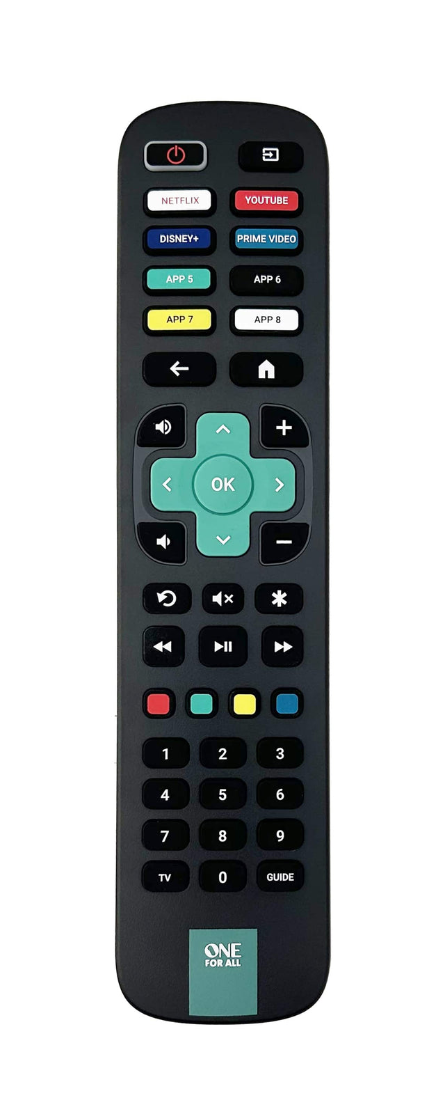 NETFLIX YOUTUBE DISNEY+ PRIME VIDEO APP 5 APP 6 APP 7 APP 8 + < OK > - x 1 2 3 4 5 6 7 8 9 TV 0 GUIDE ONE FOR ALL