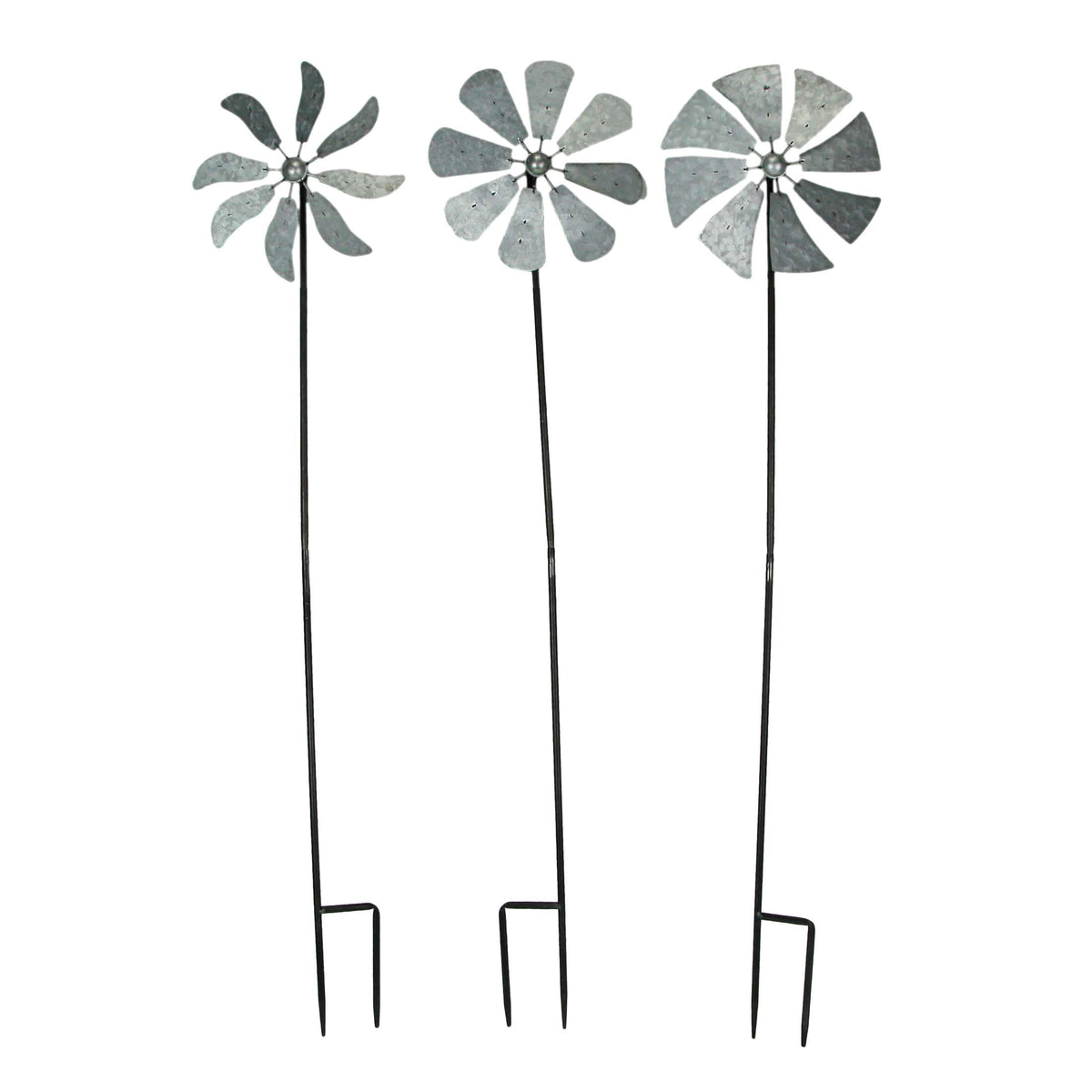 Zeckos - 41 Inch Metal Kinetic Wind Spinner Garden Stakes Outdoor Decorations Set of 3 - Gray