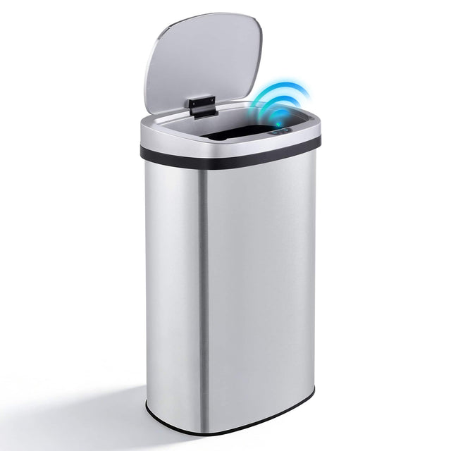 Front. Innovaze - 15.6 Gal./60 Liter Stainless Steel Oval Motion Sensor Trash Can - Silver.