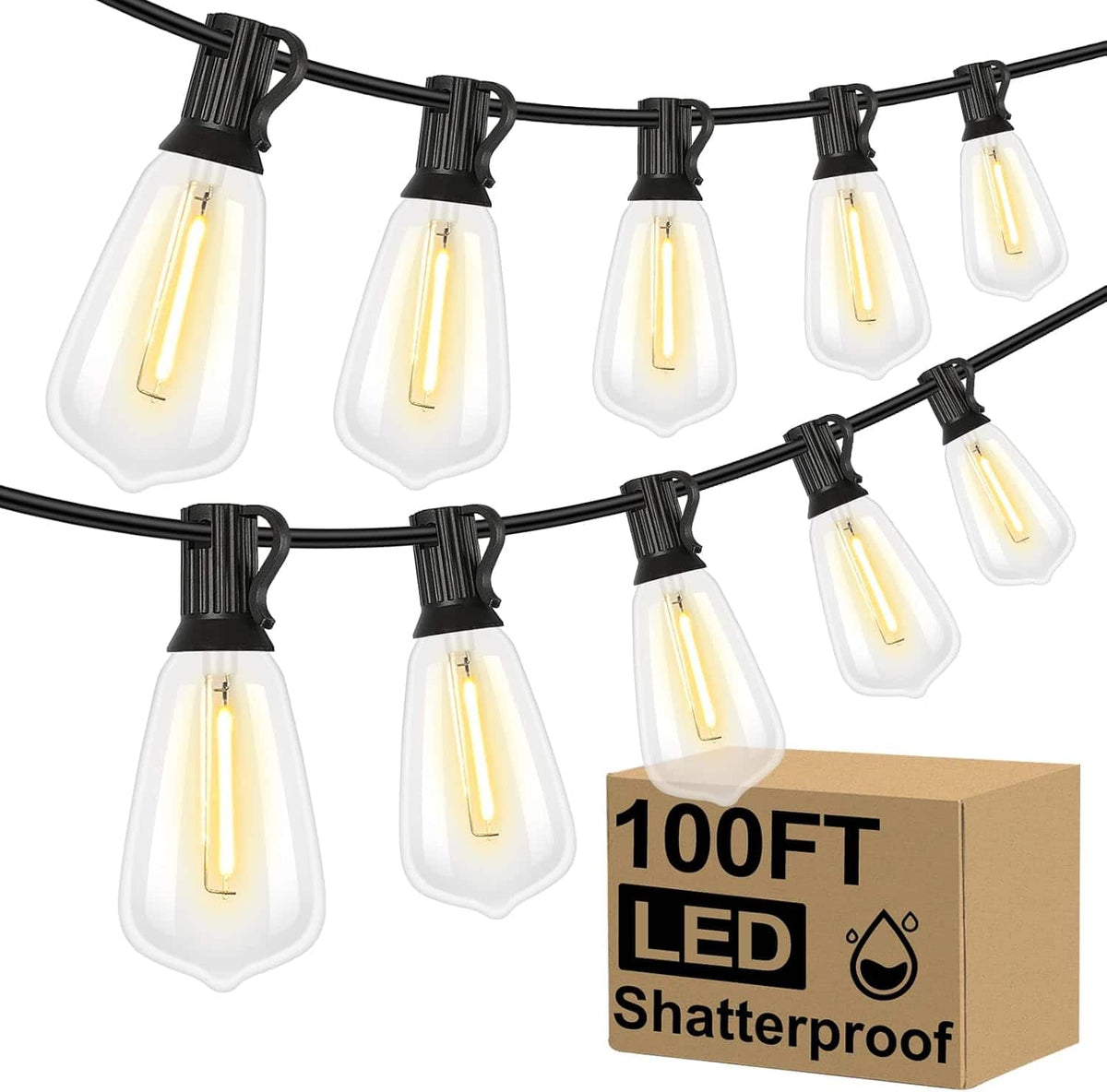 Nordic Hygge - LED Outdoor String Lights 100FT Patio Lights with 52 Shatterproof ST38 Vintage Edison Bulbs - Black