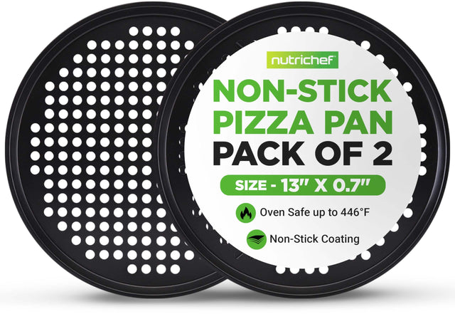 nutrichef NON-STICK PIZZA PAN PACK OF 2  
SIZE - 13" X 0.7"  
Oven Safe up to 446°F  
Non-Stick Coating