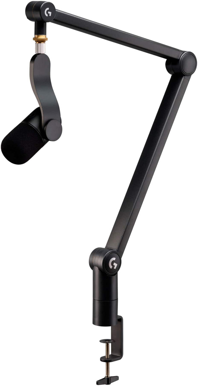 Front. Logitech - Yeticaster GX Dynamic LIGHTSYNC RGB Gaming Microphone and Premium Broadcast Boom Arm - Black.