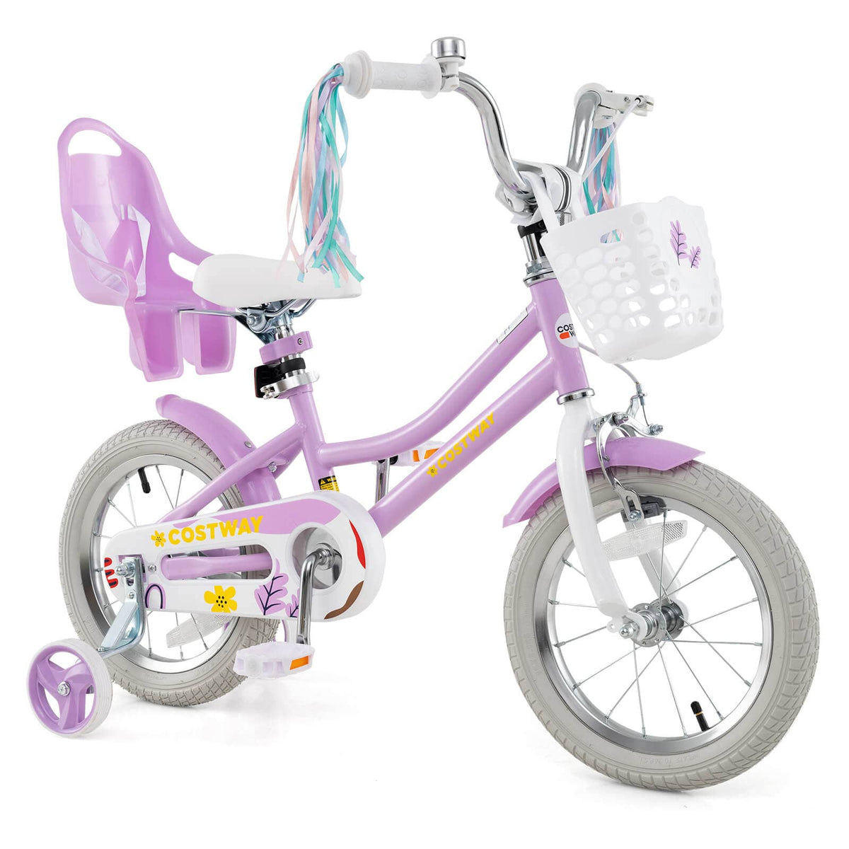 Costway - 14 Inch Kids Bike with Training Wheels Doll Seat Basket Streamers Hand Brake - Purple