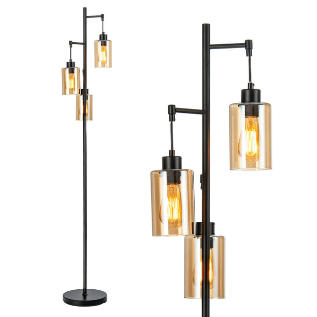 Front. Costway - Costway Freestanding Floor Lamp Retro Floor Lamp w/3-Head Hanging Amber Glass Shade - Black.