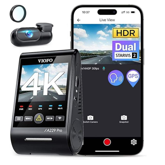 10:37 5G Live View  
VIOFO x1440P 30fps 4K  
PWR REC GPS MIC Wi-Fi HDR Dual STARVIS 2  
GPS REC ! MICD Switch Camera Snapshot  
/A229 Pro