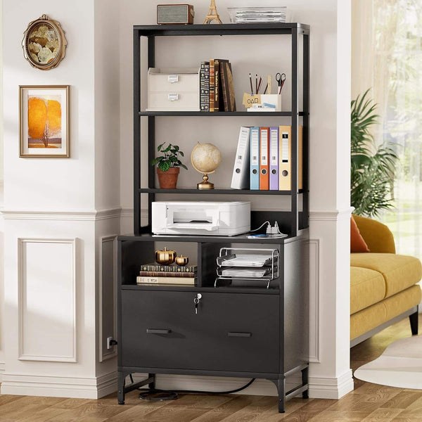Aheaplus - Vertical File Cabinet with Charging Station, Lock & Large Drawer - Printer Stand, Shelves for Letter/A4/Legal - Black