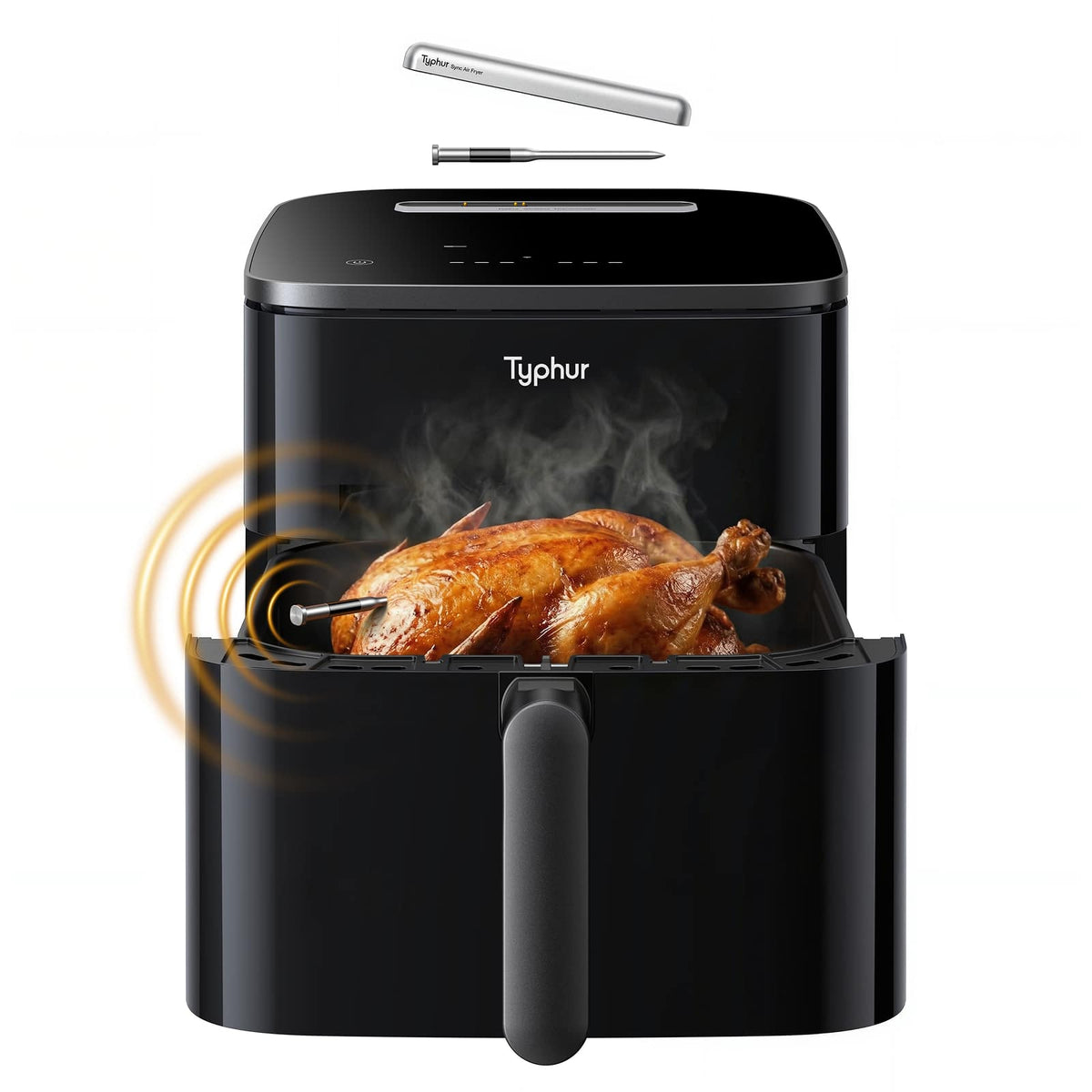 Typhur - Sync Air Fryer with Wireless Probe for Perfect Doneness, 8QT Large for 6lb Whole Chicken, Exclusive Adjustable Airflow - Black with Gunmetal Gray Handle