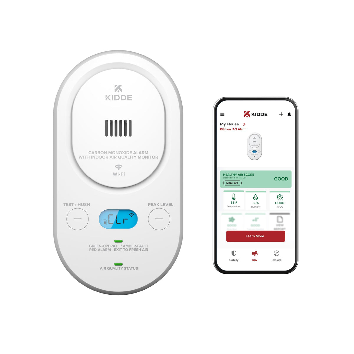 Kidde - Smart Carbon Monoxide Detector & Indoor Air Quality Monitor, Plug-In w/ AA Battery, 2.4 GHz Wi-Fi Enabled - White
