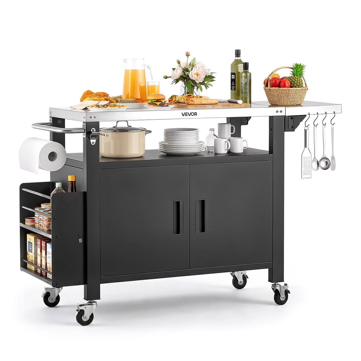 VEVOR - Outdoor Grill Cart with Storage Cabinet, 55.1 Inch Grill Table, Waterproof Kitchen Island with Stainless Steel Top - Black;Silver