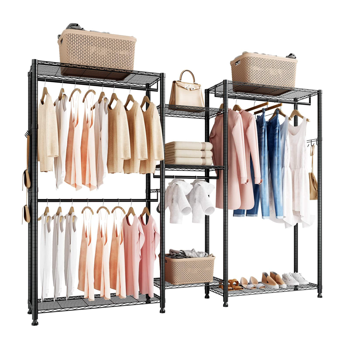 VEVOR - Clothing Garment Rack, Heavy Duty Closet Wardrobe, 7 Adjustable Tiers Clothes Racks with Steel Frame - Black