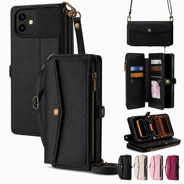 Front. Topteng - 6-in-1 Wallet Case for iPhone 12 & 12 Pro Max with Wrist & Crossbody Straps, Zipper Pocket, Card Holders - iPhone 12 Black.