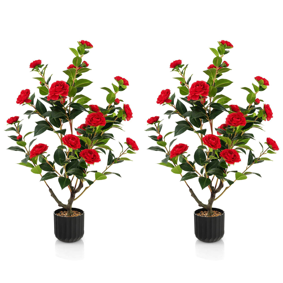 Gymax - 2-Pack 38'' Artificial Camellia Tree Faux Floral Plant for Decoration - Red