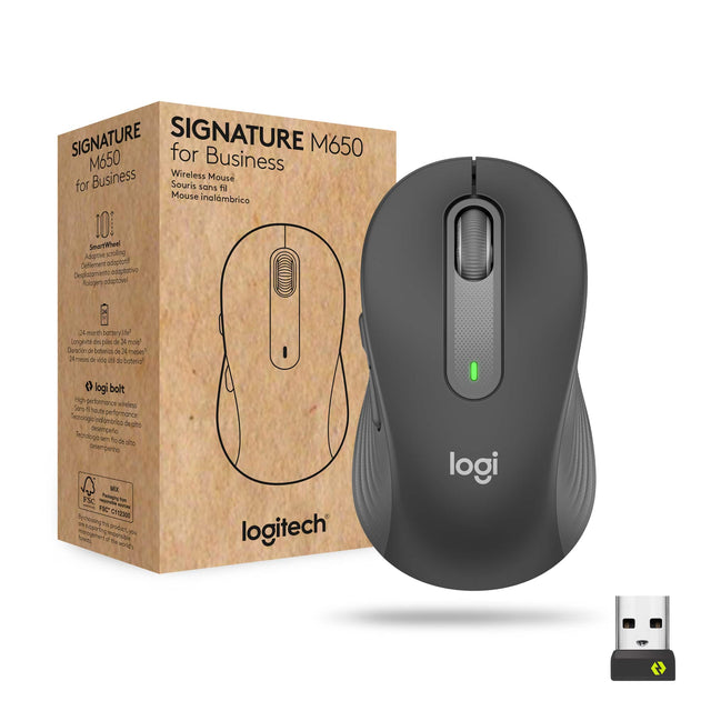**Signature M650 for Business**

**Wireless Mouse**  
Souris sans fil  
Mouse inalámbrico

**101 SmartWheel**  
Défilement adaptatif  
Roulement adaptable

**24-month battery life**  
Longévité des piles de 24 mois*  
Duración de baterías de 24 meses*  
24 mesi di utilizzo delle batterie*

**logi bolt**  
High-performance wireless technology  
Technologie sans fil de haute performance  
Tecnología inalámbrica de alta performance

**logitech**

**logi**

**logi bolt**  
High-performance wireless technology  