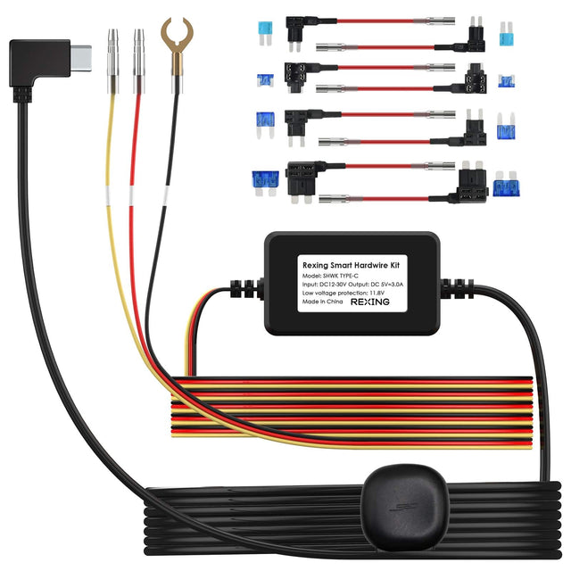 Rexing Smart Hardwire Kit  
Model: SHWK TYPE-C  
Input: DC12-30V  
Output: DC 5V=3.0A  
Low voltage protection: 11.8V  
Made in China  
REXING