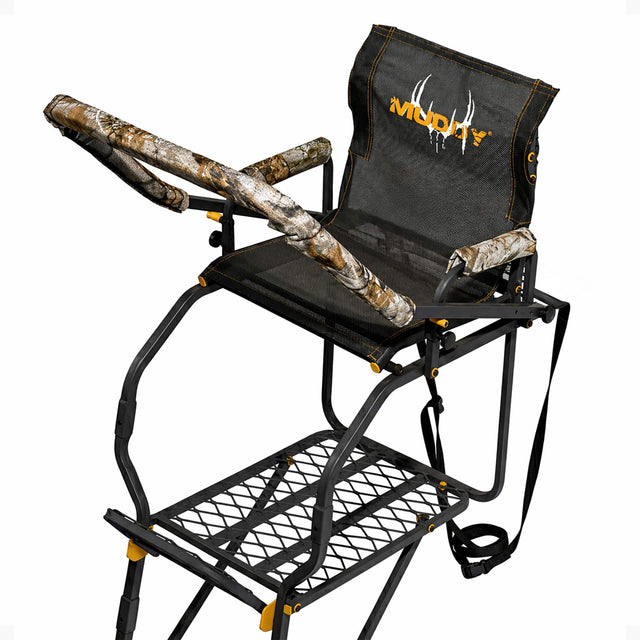 Front. Muddy - Muddy Huntsman Deluxe 17 Foot Hunting Ladderstand, 1 Person Climbing Tree Stand - Black.