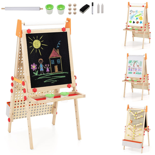 Front. Costway - Costway 4-in-1 Wooden Kids Art Easel with Paper Roll, Storage Tray & Marble Run Accessories - Natural.