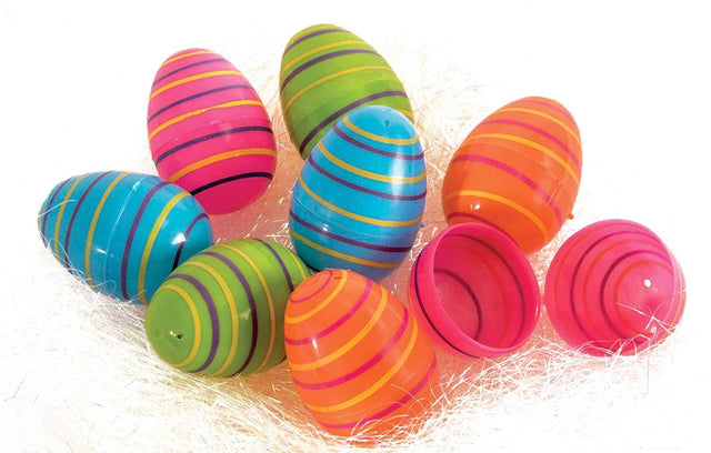 Front. Forum Novelties - Striped Plastic Easter Eggs | Pack of 8 - Multi-Color.