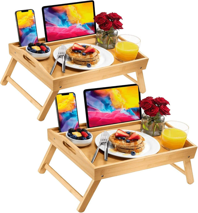 Front. Home It - Bamboo Bed Tray with Folding Legs, Device Holder and Handles – Breakfast Tray for Eating, Laptop Desk for Bed or Couch - BEIGE.